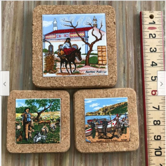 Portugal Souvenir Tile & Cork Trivet w/ 2 Coasters Fishing & Shepherd Scenery - Picture 1 of 5
